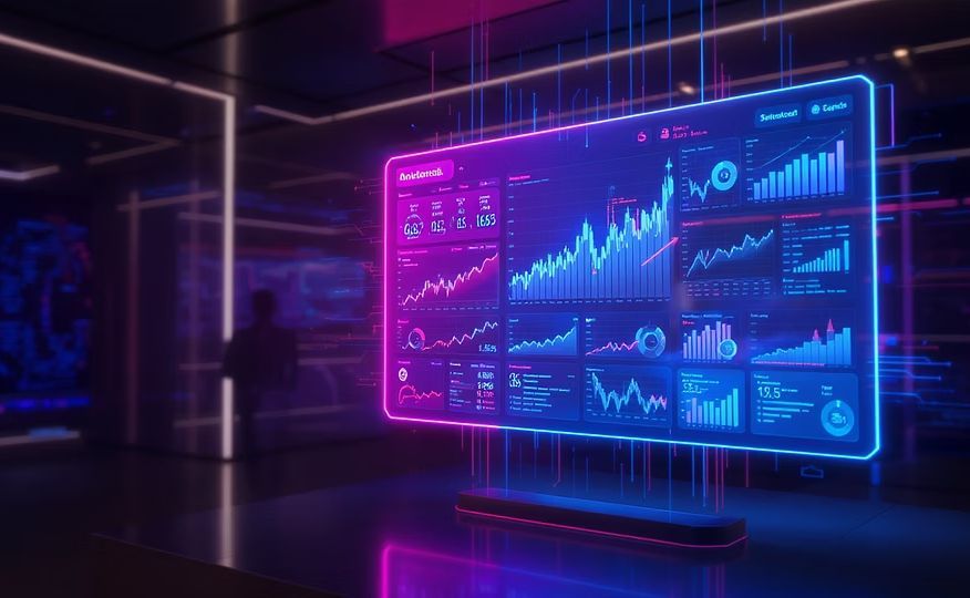 A holographic analytics dashboard with growth charts