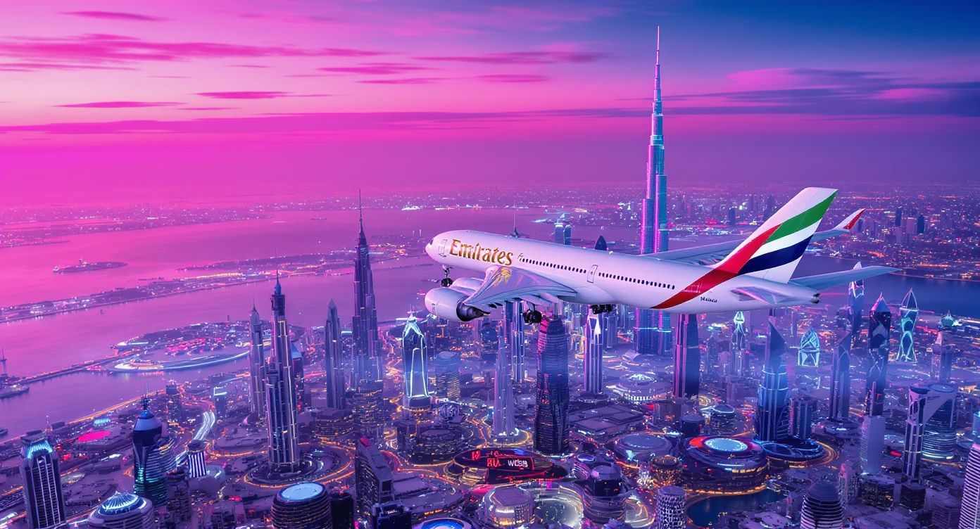 An airliner flying low over the Dubai skyline at sunset